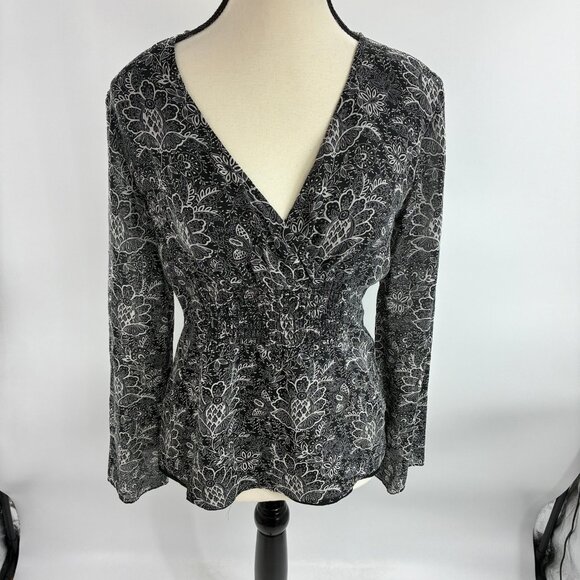 LOFT Women's Black White Silk Top S Floral Print - Picture 1 of 6